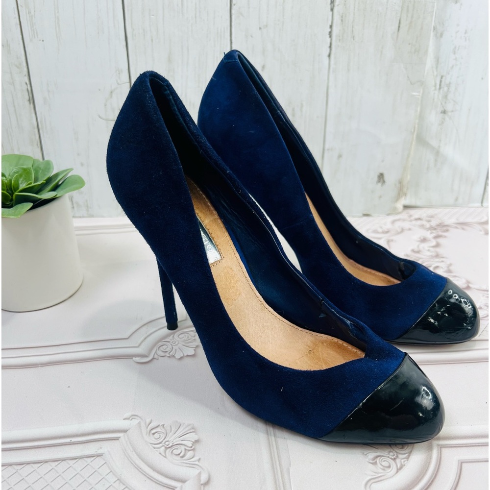 H BY HALSTON WOMEN'S BLUE SUEDE CAP TOE STILETTO PUMPS SIZE 7.5 M